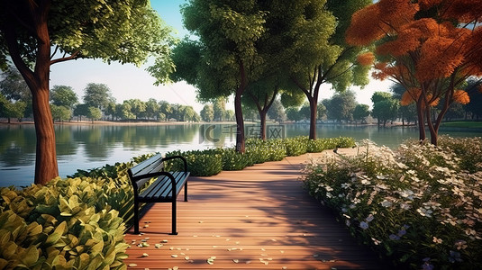 大自然植物背景图片_公园风景秀丽的湖景 3d 渲染
