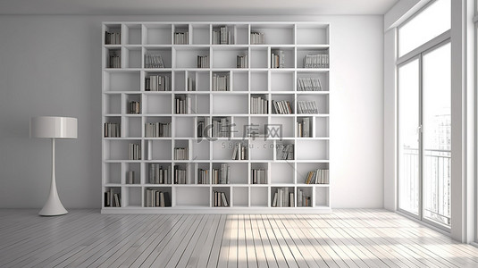 空背景下时尚白色书柜的当代 3D 渲染
