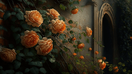 玫瑰爬墙盛开淡橘色背景