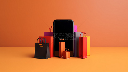 购物袋样机背景图片_黑色星期五横幅的 3D 插图，包括智能手机和购物袋，具有充足的复制空间