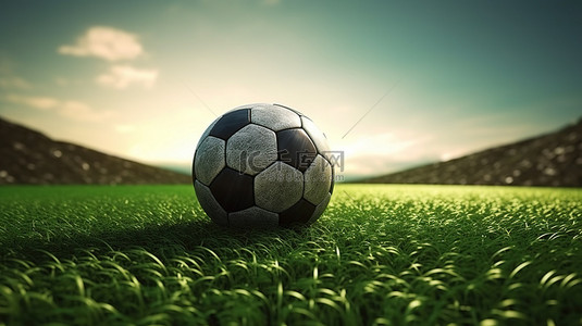 足球草地背景图片_郁郁葱葱的绿草地上的足球和体育场令人惊叹的 3D 渲染