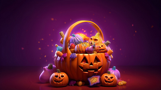 匪萌十月壁纸背景图片_节日万圣节篮子里装满了色彩缤纷的糖果和零食，在充满活力的紫色背景上，经典的 3D 十月庆祝活动