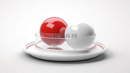 红色圣诞礼物背景图片_白色背景展示了 3D 渲染中红色托盘顶部的空雪球