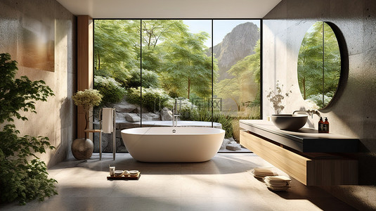 3D 渲染插图的石砖现代浴室，拥有令人惊叹的自然景观和豪华水槽和浴缸