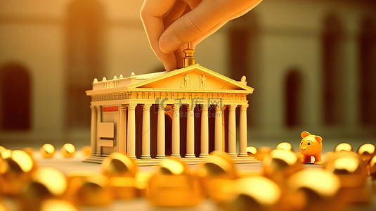 手卡通手背景图片_卡通手将一枚硬币放入形状像银行大楼的 3D 钱盒中的插图