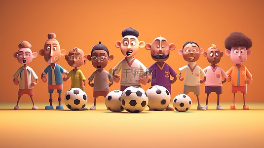 不同肤色不同国籍的足球运动员在 3D 渲染的世界中进球