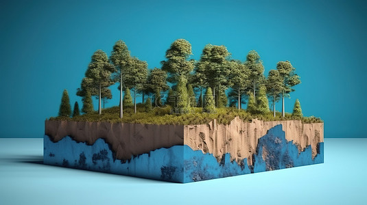 夏日绿色背景背景图片_令人着迷的 3D 立方显示郁郁葱葱的森林景观土壤树木和地质在蓝天上隔离的横截面视图