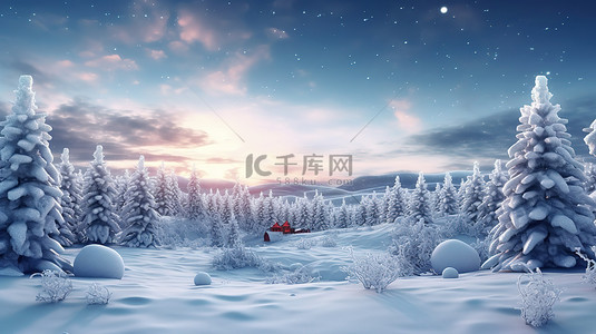 卡通雪树背景图片_3D 冬季景观，有雪和圣诞树，圣诞快乐，新年快乐