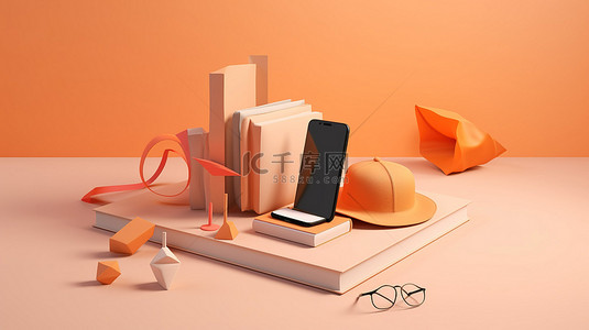 浅橙色背景下毕业帽书籍和手机的在线教育概念逼真 3D 渲染