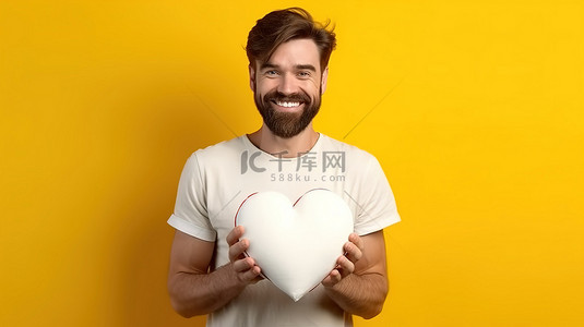 穿着白色 T 恤的时尚男士在黄色背景下展示了情人节的 3D 纸心