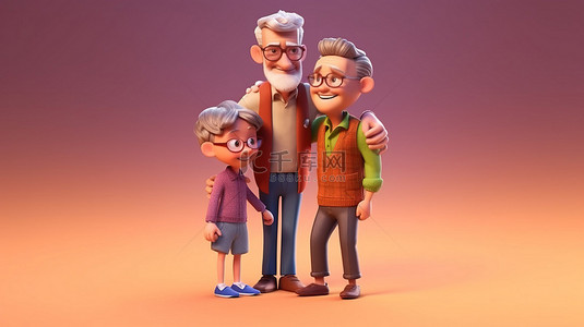 三代人在一起的祖父儿子和孙子在 3D 插图中