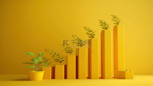 黄色图条的兴起通过增长和发展实现业务成功 3D 渲染插图