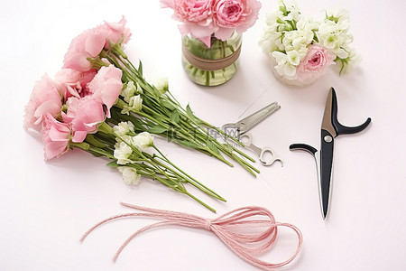 粉红色花朵旁边的花束和剪刀