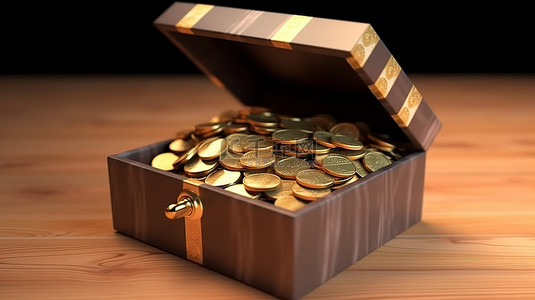 奖励支票背景图片_揭开美元硬币的礼品盒的 3D 渲染