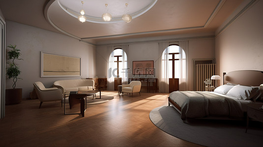 卧室壁炉背景图片_宽敞的卧室以 3D 形式呈现，配有优雅的扶手椅和套间浴室