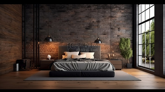 黑卧室背景图片_令人惊叹的 3D 设计现代阁楼卧室配有木地板和别致的黑砖墙装饰