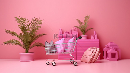网页购物背景图片_用于网页设计购物袋和粉红色背景礼品的节日圣诞节横幅3d 渲染