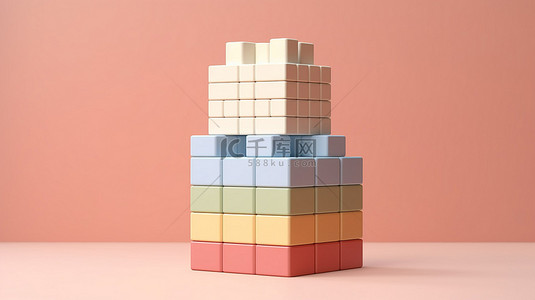 柔和的背景，带有 3D 渲染的玩具砖和白色和米色塑料积木的讲台