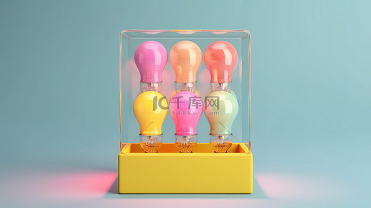 玻璃盒的最小概念 3D 渲染，带有黄色灯泡，漂浮在白色背景上柔和的彩色重叠中