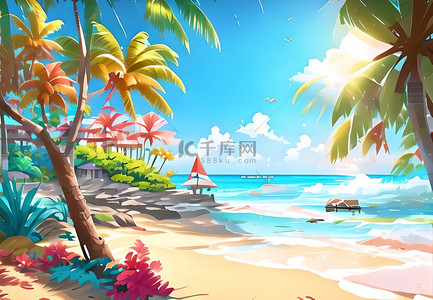 卡通夏日海边背景图片_海滩椰子树背景