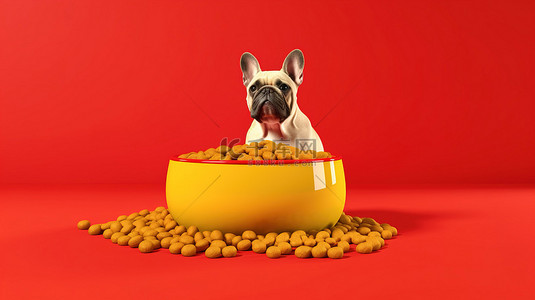 狗粮袋包装设计的 3D 渲染，旁边是充满活力的黄色背景上装满干狗粮的红色塑料碗
