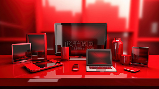 和平抗美援朝背景图片_红色办公桌背景与电脑笔记本电脑手机和平板电脑 3D 渲染