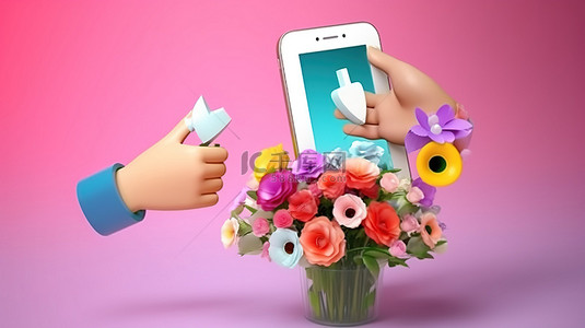 在线商务背景图片_3D 背景中的在线协作以智能手机握手聊天鲜花和笔记为特色