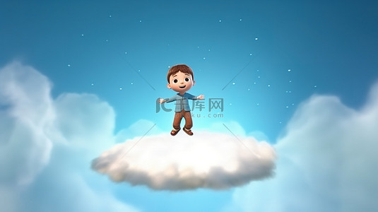 一个孩子从地面起飞后带着复制空间飞行的卡通插图