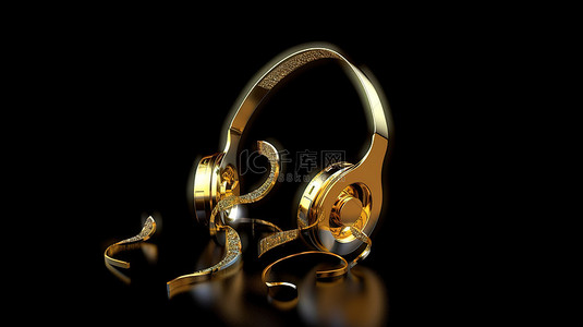 带金色耳机的音符为音乐爱好者提供 3D 渲染