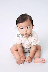 坐着婴儿背景图片_一岁婴儿坐在白色背景上，眼睛看着镜头