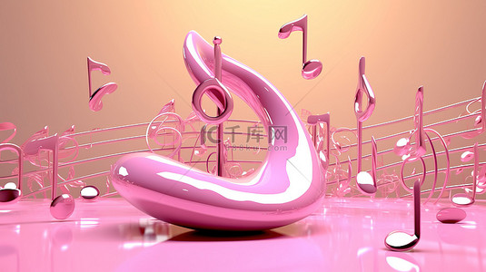 带有音乐曲线和漩涡的粉红色背景的 3D 插图