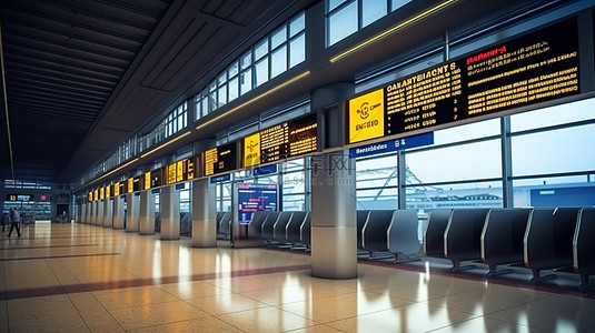 机场或火车站国际到达区内部的 3D 渲染，带有国际到达标牌