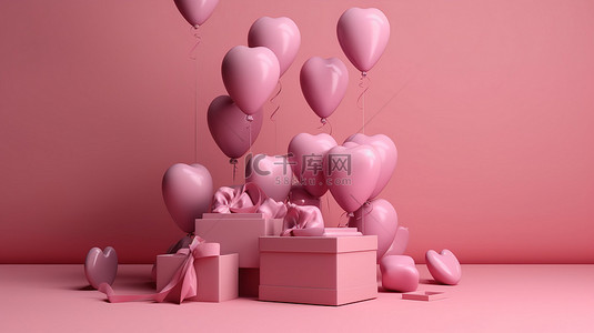 抽象背景下 3D 渲染礼品盒中的情人节概念粉色心形气球