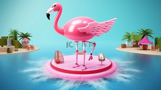 粉色火烈鸟背景图片_栖息在充气粉色火烈鸟上的无人机的 3D 渲染