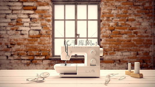 针线活背景图片_3D 渲染的砖墙中的现代缝纫机