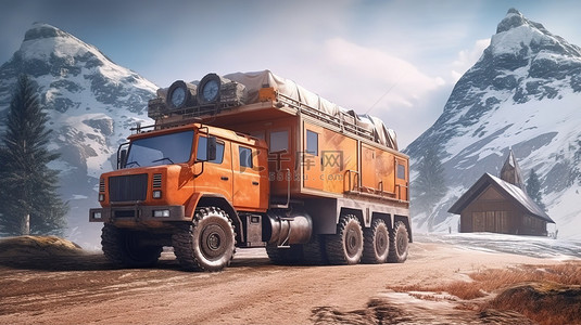 地形气候背景图片_坚固的橙色卡车配备用于在孤立地形中进行极限探险 3D 插图