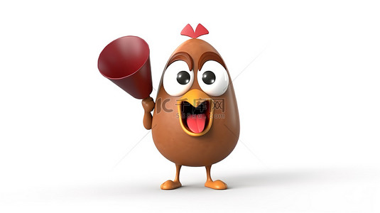 3D 渲染的棕色鸡蛋人的吉祥物，在白色背景上拿着复古红色扩音器