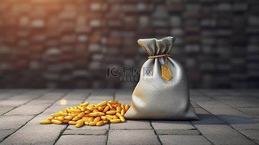 有金币背景图片_石柱上装有金币和玉米穗的商品丰富玉米袋的 3D 插图