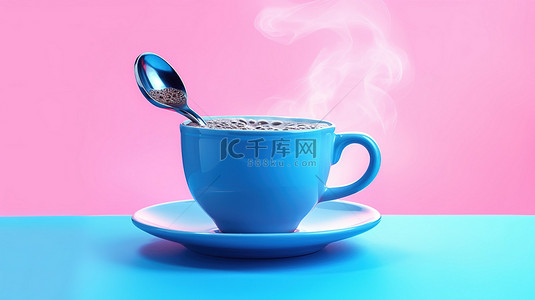 法定假日及双休背景图片_时尚的蓝色咖啡杯，配有配套的勺子，以 3D 渲染的粉红色双色调背景为背景
