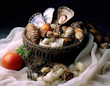 海鲜蛤蜊背景图片_网中的海鲜