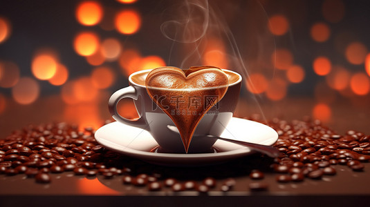 红牛奶背景图片_舒适的咖啡馆里的 3D 心形咖啡