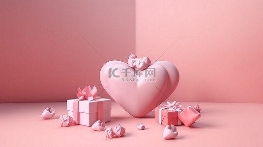 母亲节快乐卡片背景，带有 3D 渲染礼物和心脏插图