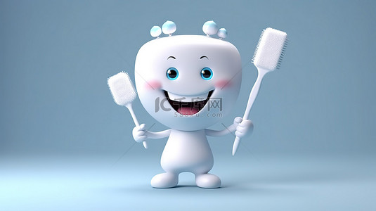 欢快的牙齿吉祥物，手拿牙科工具，用于口腔卫生促进 3D 渲染
