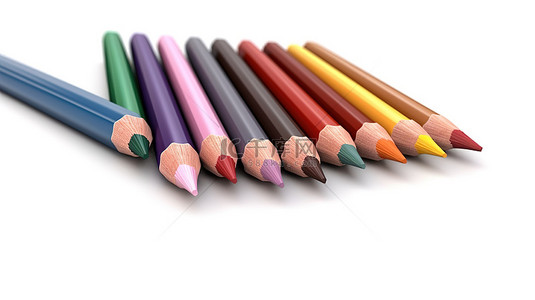 单独色背景图片_单独站立在白色背景上的彩色铅笔的 3D 渲染