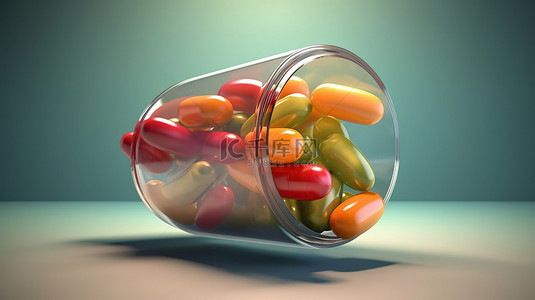 蔬菜標誌背景图片_营养补充剂从药丸中迸发出来，以新鲜蔬菜为特色，概念插图中带有充足的文本空间 3D 渲染