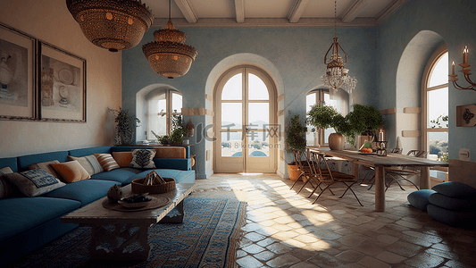 家居物件装饰背景图片_室内地中海风格蓝色背景