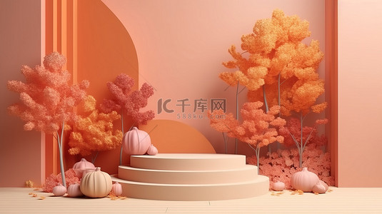 产品主题背景图片_柔和的彩色秋季主题讲台用于产品展示 3D 渲染商业场景