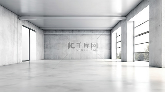 办公室风格背景图片_干净简约的白色中世纪风格房间，配有混凝土地板 3D 渲染
