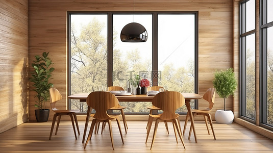 豪华晚餐背景图片_当代家庭用餐区窗户相邻的木椅和桌子 3D 可视化