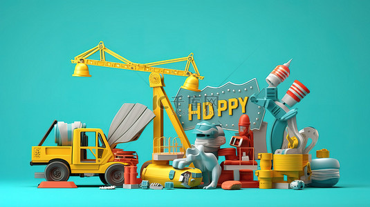 美国建筑主题劳动节庆祝活动 3D 渲染的蓝色背景工具和设备